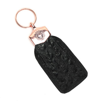 Exotic Ostrich Key-chain in Black Leather With Golden Lion Buckle