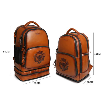 Brune X Bareskin Embossed Lion Concealed Compartment Tan Leather Backpack