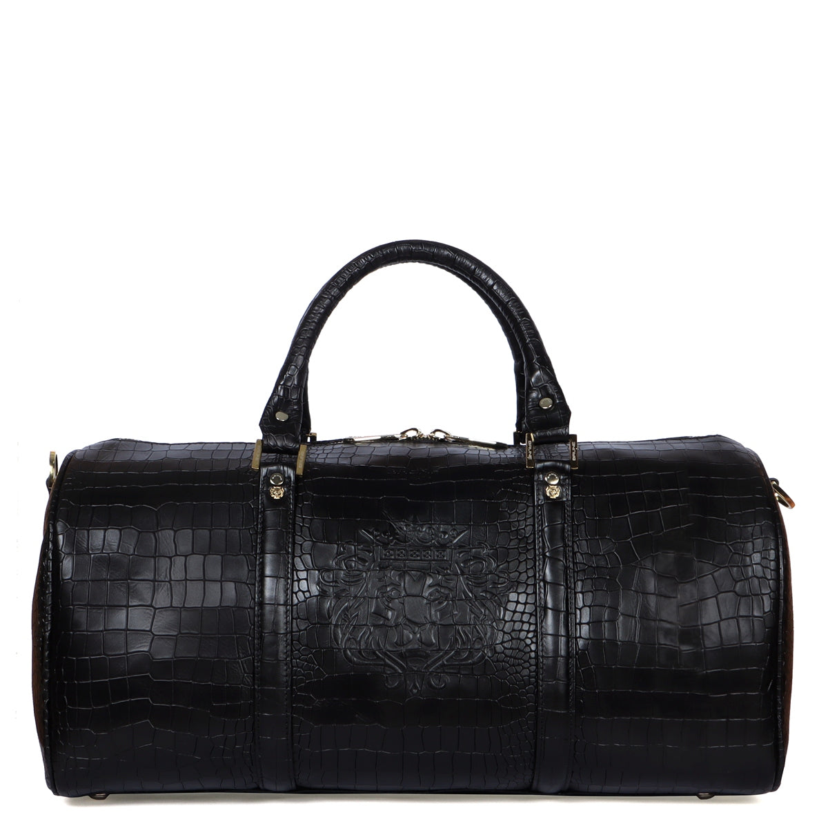 Black Croco Textured Leather Duffle Bag