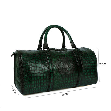 Embossed Lion Smokey Green Croco Textured Leather Duffle Bag with Bag Tag by Brune & Bareskin