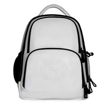 White Leather Multi-Pocket Backpack With Embossed Lion Logo