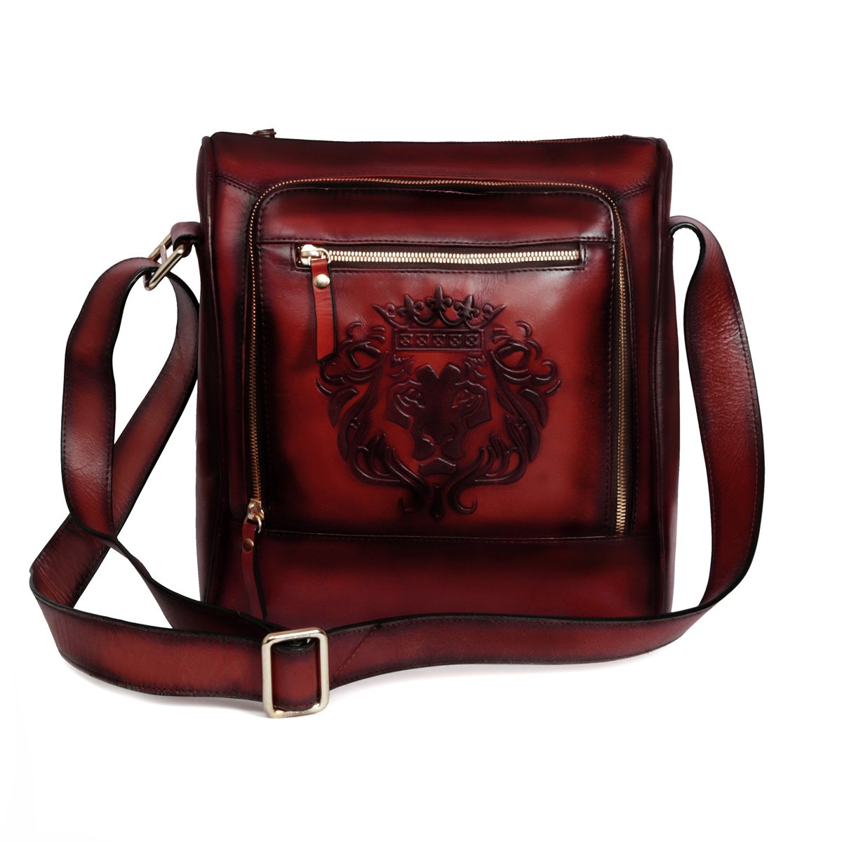 Cross Body Bag In Wine Leather with Embossed Lion