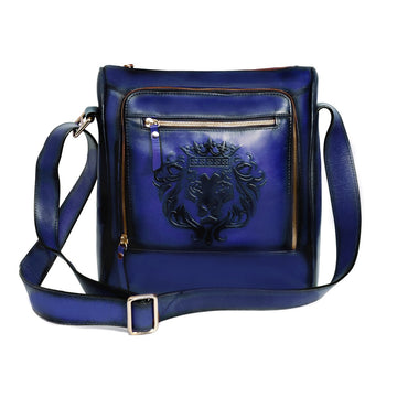 Cross Body Bag In Blue Leather with Embossed Lion