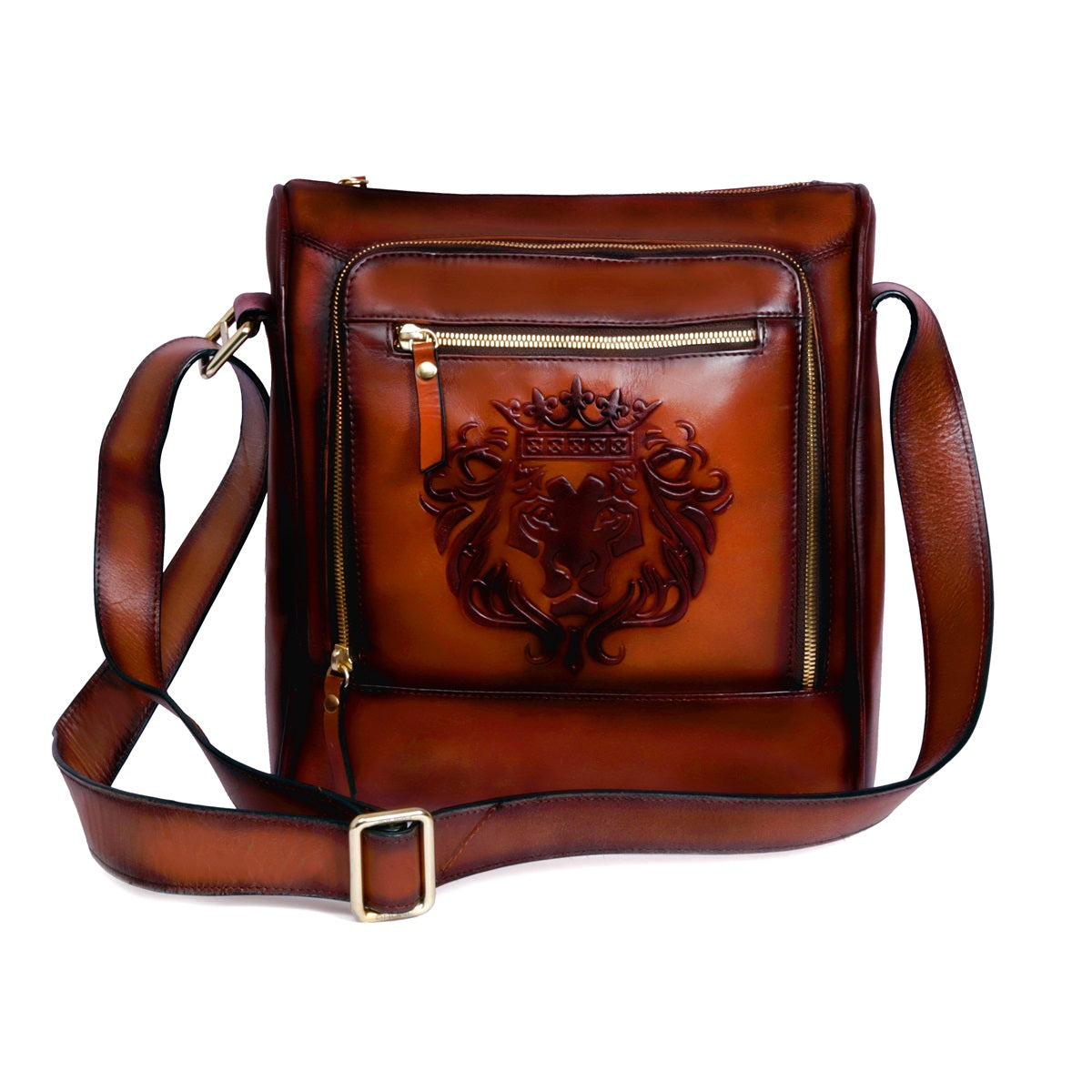 Fanny Pack Bag In Tan Leather with Embossed Lion
