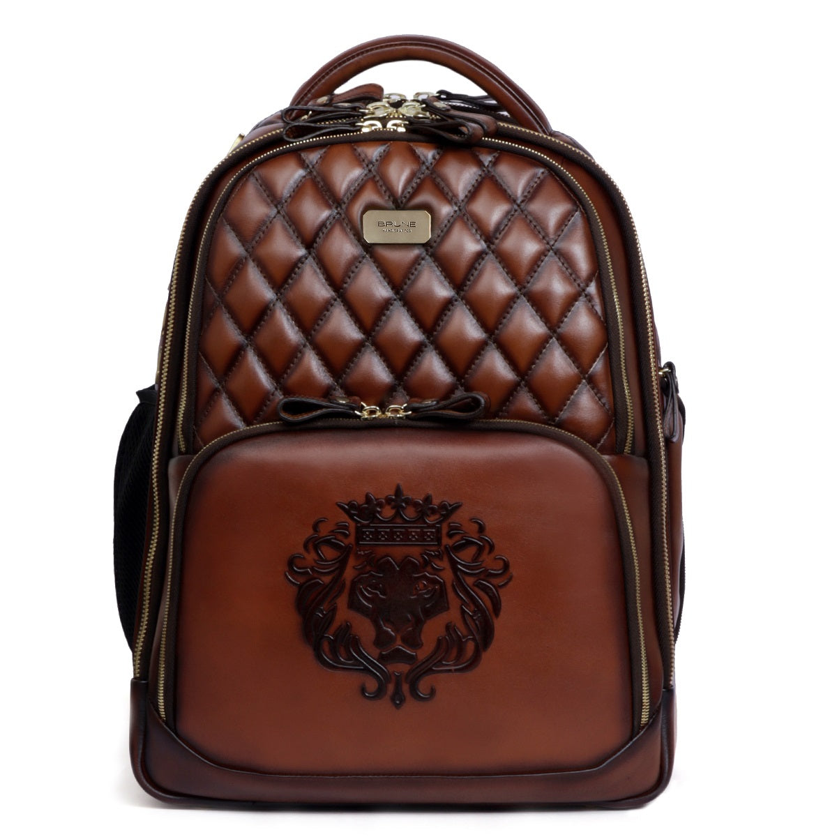 Diamond Stitched Dark Brown Leather Super Functional Backpack with Embossed Lion Logo by Brune & Bareskin