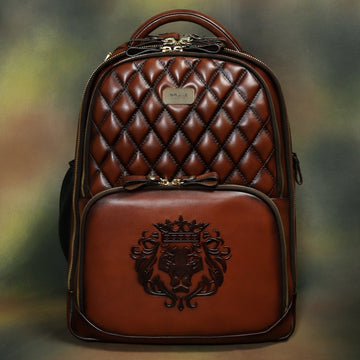 Super Functional Backpack Diamond Stitched Dark Brown Leather with Embossed Lion Logo by Brune & Bareskin