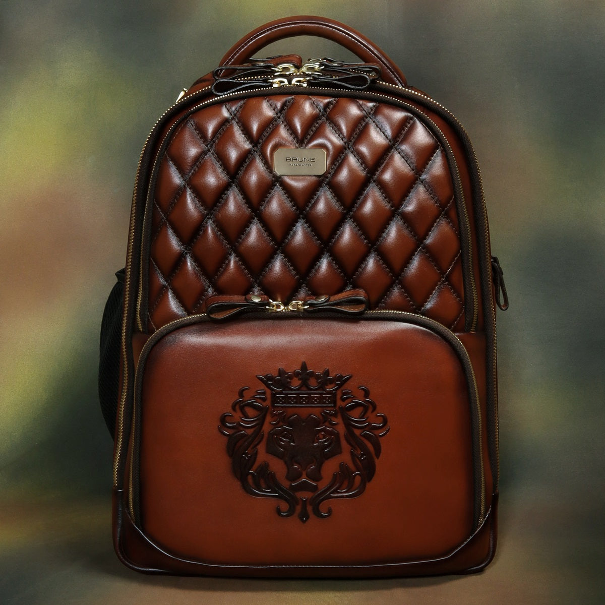 backpack with leather diamond logo Super Functional Backpack Diamond Stitched Dark Brown Leather with Embossed Lion Logo by Brune & Bareskin