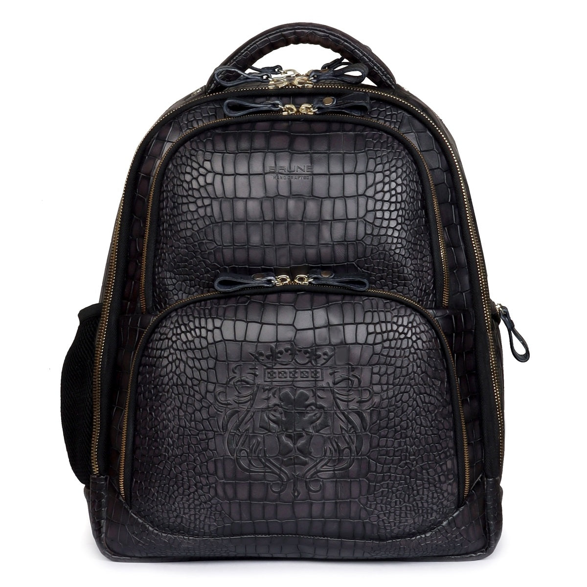 Smokey Grey Embossed Lion with Mini Lion Logo Croco Textured Hand Painted Leather Backpack by Brune & Bareskin