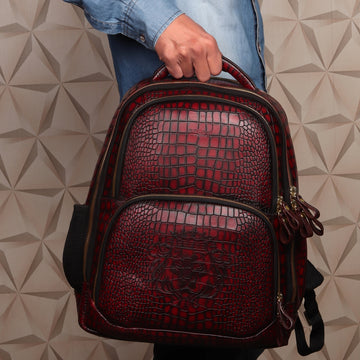 Deep Cut Smokey Wine Croco Textured Hand Painted Leather Backpack by Brune & Bareskin