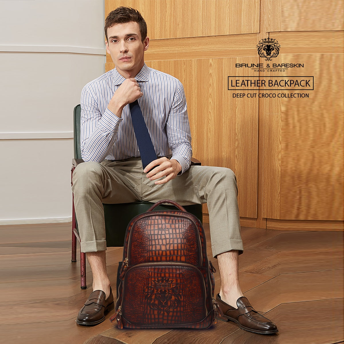 Hand Painted Leather Backpack in Cognac Smokey Finish by Brune Bares