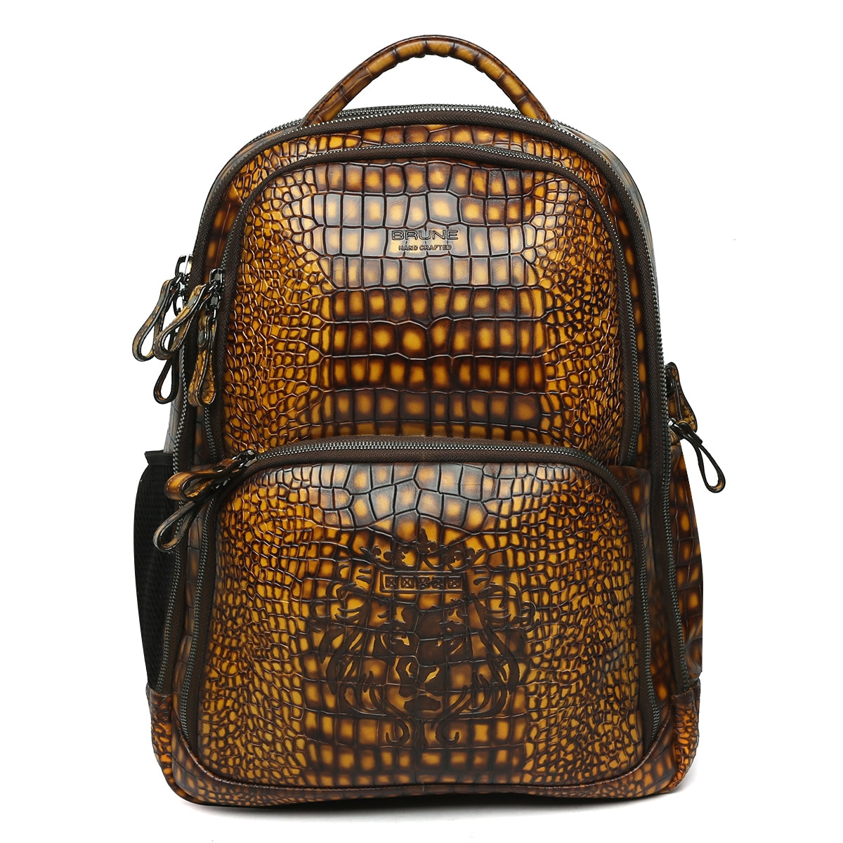 Hand Painted Leather Backpack With Smokey Finish Yellow Croco Textured