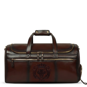 Embossed Lion Multi-Pockets Dark Brown Leather Duffle Bag by Brune & Bareskin