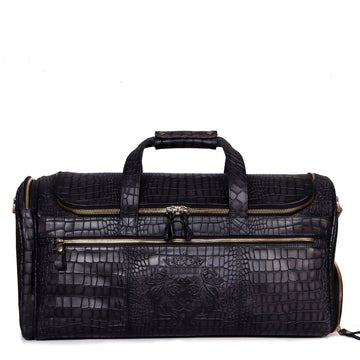 Embossed Croco Textured Grey Leather Duffle Bag