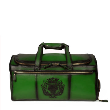 Additional Footwear Pocket Green Leather Multi-Pockets Duffle/Gym Bag With Metal Lion by Brune & Bareskin
