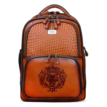 Hand Painted Weaved Backpack Genuine in Tan Leather with Embossed Lion Logo by Brune & Bareskin