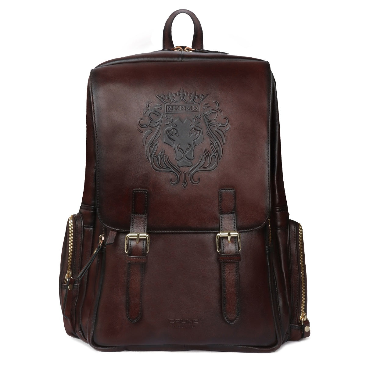 Flap Over Travel Backpack With Embossed Lion Dark Brown Leather