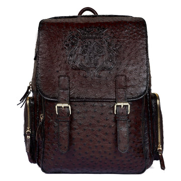 Travel Backpack Premium Authentic Ostrich Leather With Flap Over Embossed Lion Logo