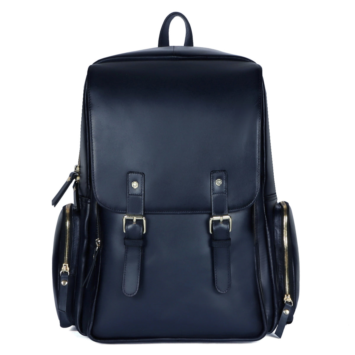 Flap Over Backpack With Navy Blue Leather Zipper Pockets