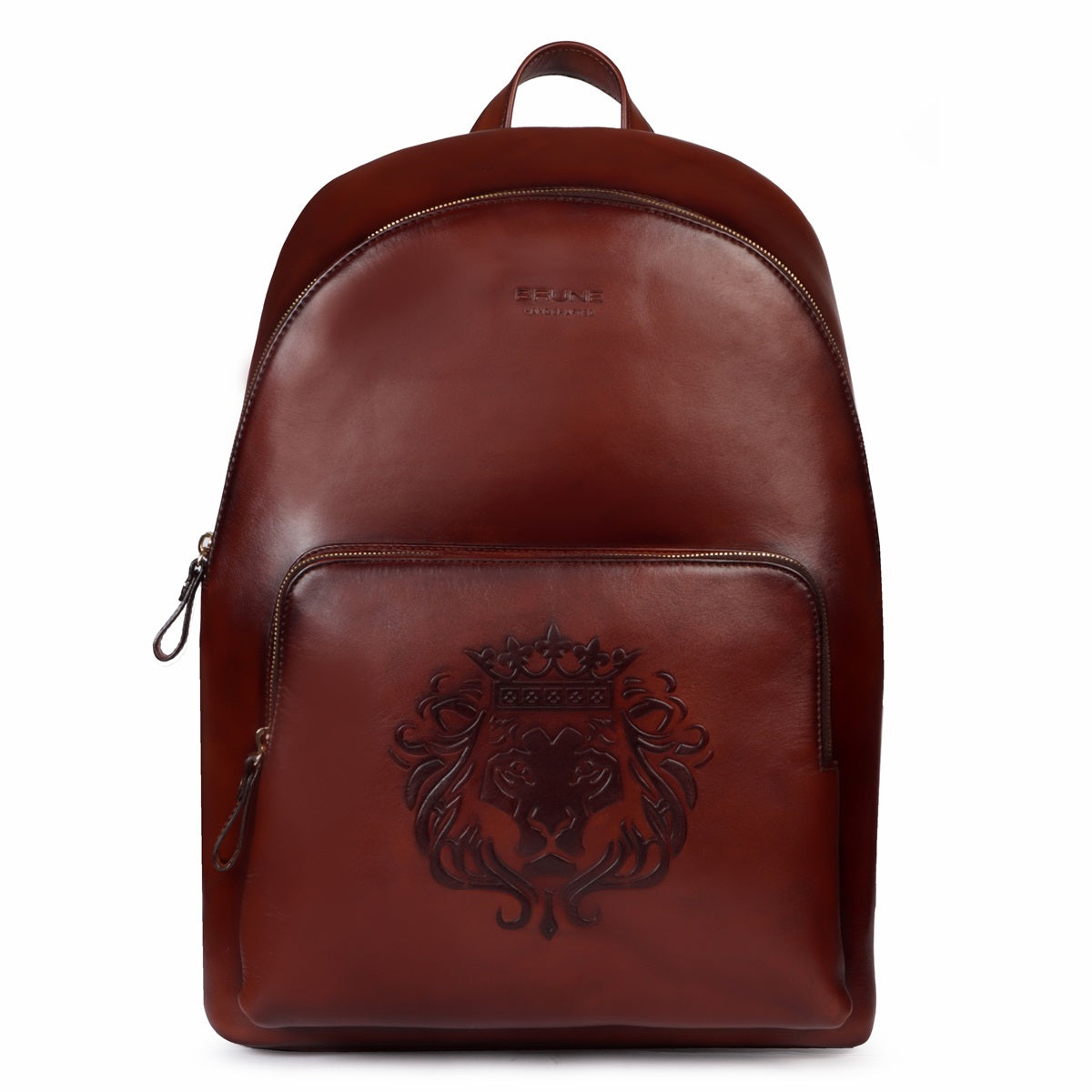 Dark Brown Genuine Leather Embossed Lion Unisex Travel Backpack By Brune & Bareskin