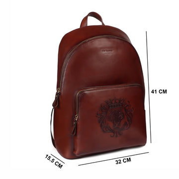 Dark Brown Genuine Leather Embossed Lion Unisex Travel Backpack By Brune & Bareskin