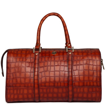 Smokey Tan Stiched Pattern Croco Textured Leather Duffle Bag With Snap Button Zip Closure By Brune & Bareskin
