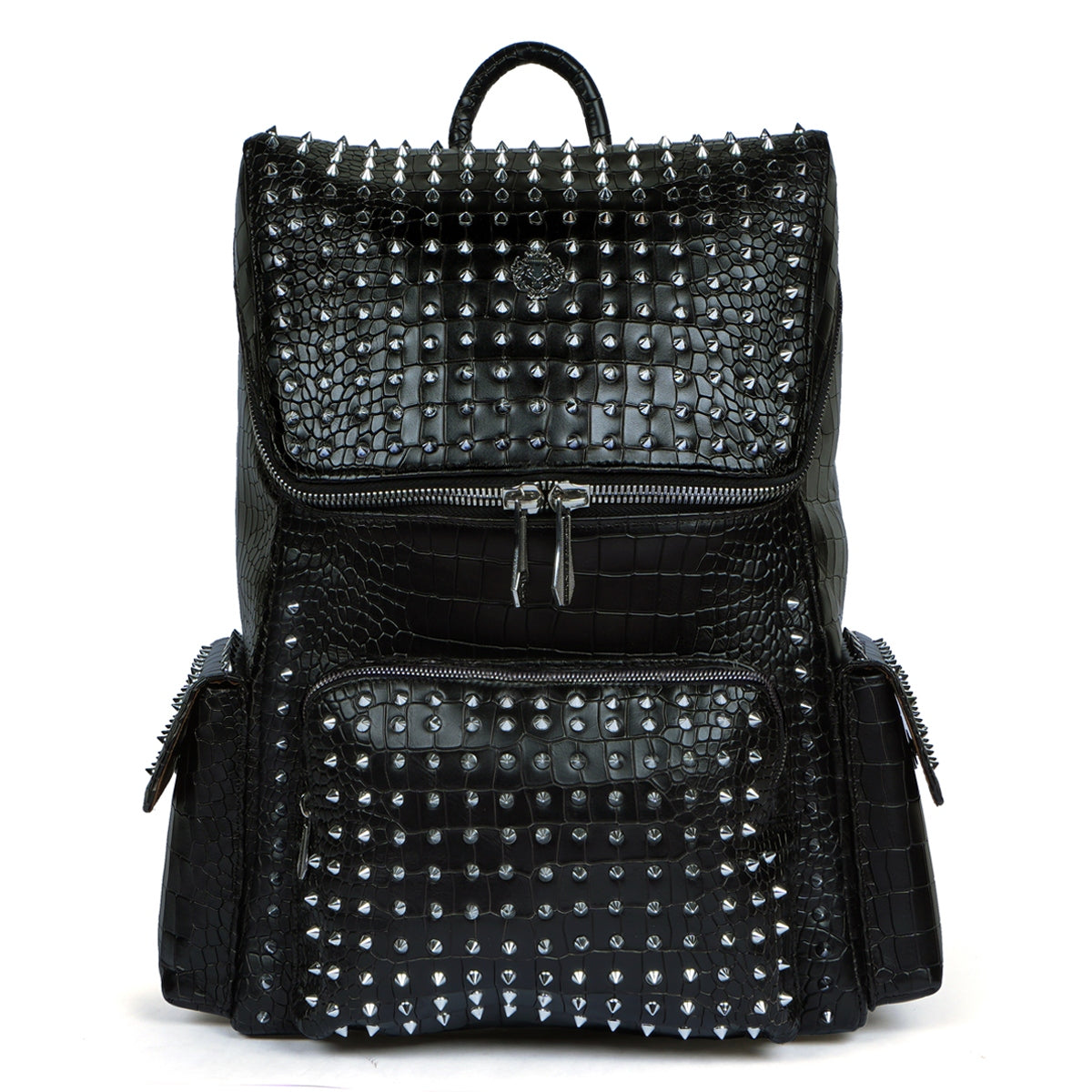 Top Opening Studded Backpack In Black Croco Textured Leather