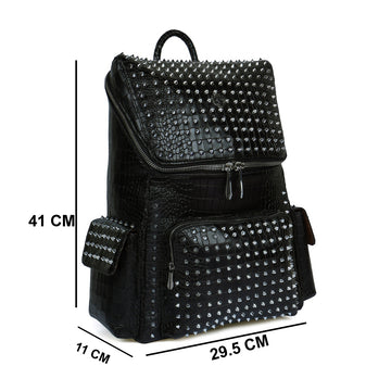 Studded Backpack Top Opening Black Croco Textured Leather