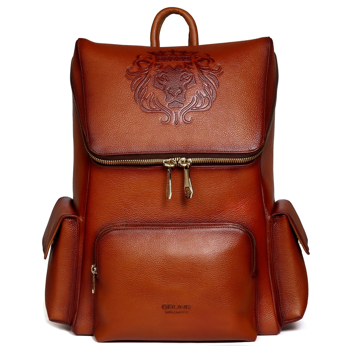 Textured Top Opening Zip Compartment Tan Leather Backpack