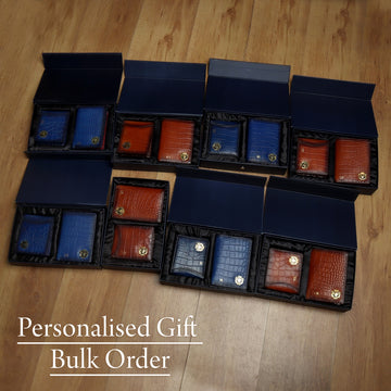 Corporate Gifting Blue & Tan Colored Leather Wallets and Passport Holder with Embossed Initials bulk Order (Reference Price for 1 Unit)