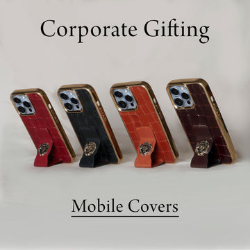 Corporate Gifting Customized Services Golden Rim Deep Cut Leather Mobile Cover With Holding Strap Cum Stand Bulk Order(Reference Price for 1 Unit)