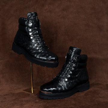 Black Biker Boots in Premium Authentic Ostrich Leather