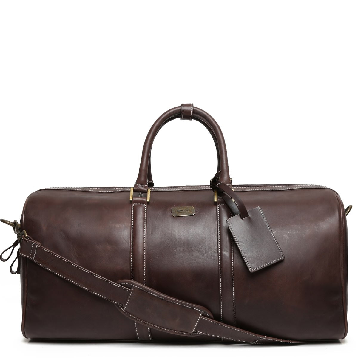 Brown Matte Finish Leather Travel Duffle Bag By Brune