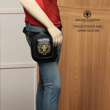 Thigh Pouch Travel Bag with Golden Zardosi In Black Leather
