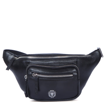 Textured Belt Bag in Black Leather with Silver Accessories