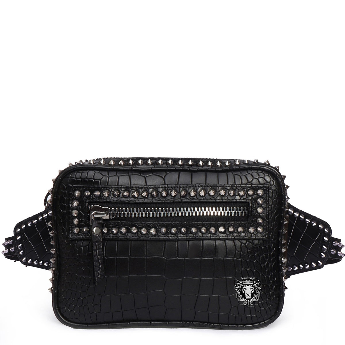 Sliver Stud Waist fanny Pack Bag In Black Croco Texture Leather