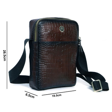 Cross body Smokey Dark Brown Deep Cut Croco Texture Leather Bag