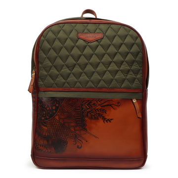 Hand Paint Leather Backpack Tan Olive Diamond Stitching Pattern