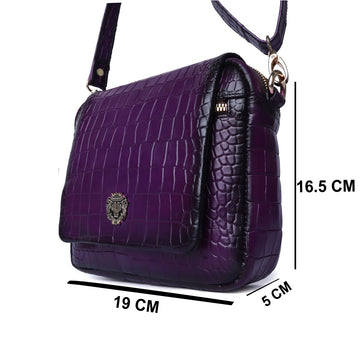 Purple Deep Cut Croco Multi Pockets Flap-Over Crossbody Bag With Metal Lion Logo By Brune & Bareskin