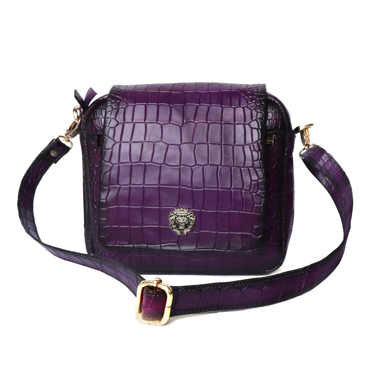 Purple Deep Cut Croco Multi Pockets Flap-Over Crossbody Bag With Metal Lion Logo By Brune & Bareskin