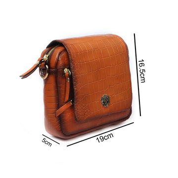 Tan Deep Cut Croco Multi Pockets Flap-Over Crossbody Bag With Metal Lion Logo By Brune & Bareskin