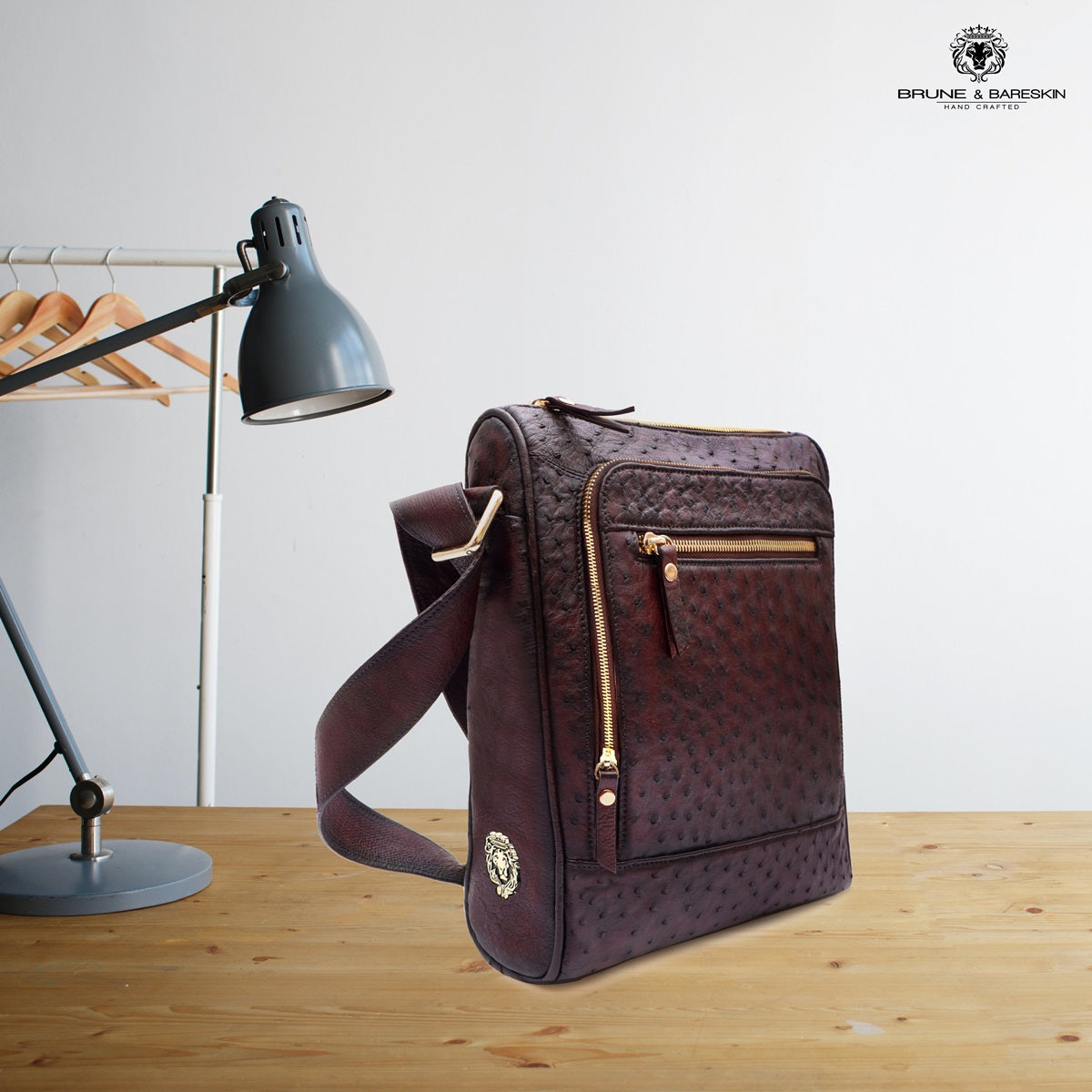 Crossbody Multi-Pocket Leather Bag in Dark Brown Real Ostrich With Lion Logo