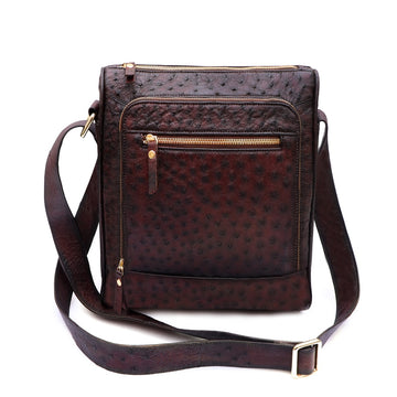 Crossbody Multi-Pocket Leather Bag in Dark Brown Real Ostrich With Lion Logo
