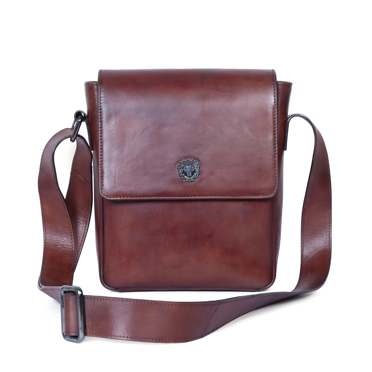 Flap-over Cross-Body Bag in Genuine Brown Leather