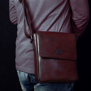 Flap-over Cross-Body Bag in Genuine Brown Leather