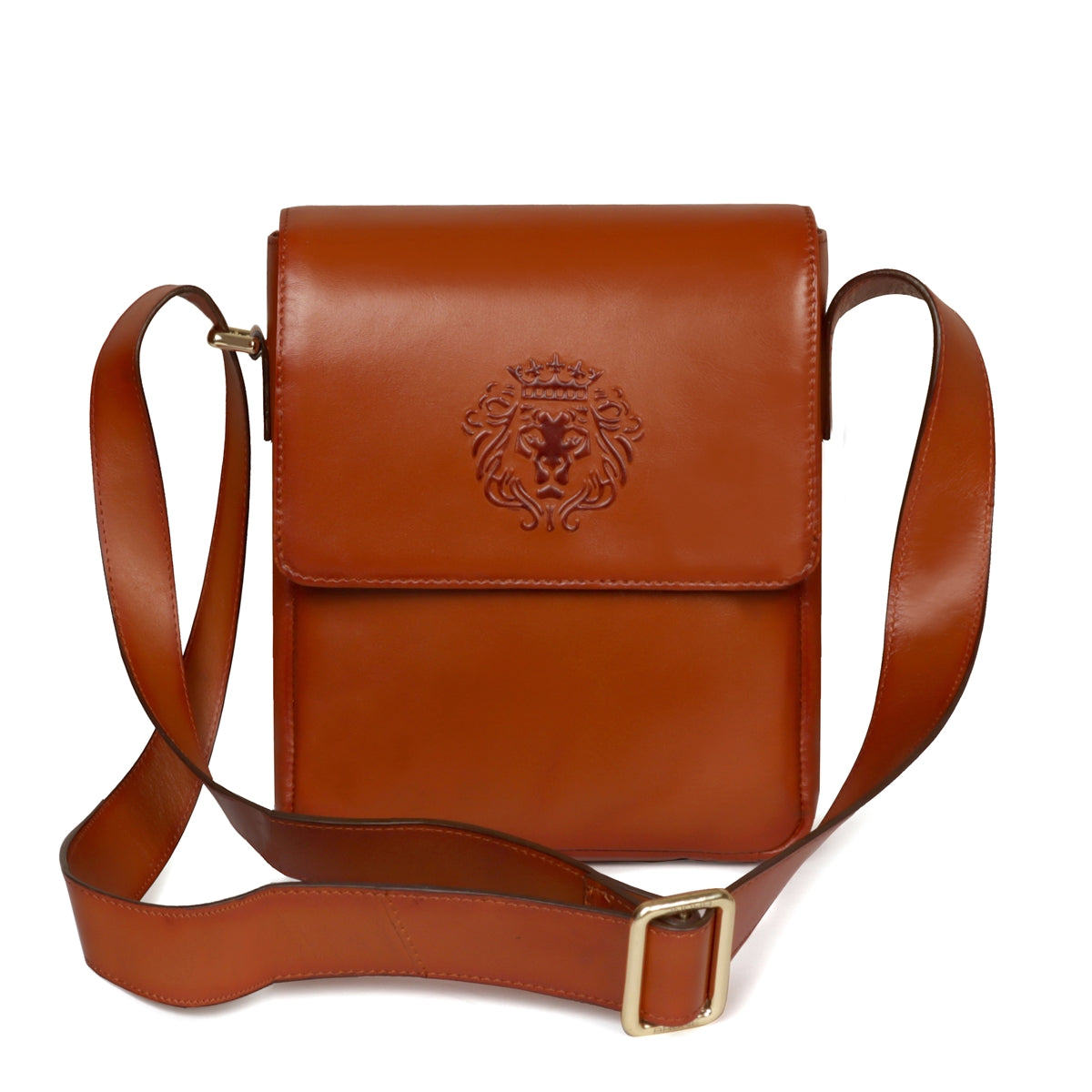 Flap-over Crossbody Bag in Tan Leather with Multi Compartment