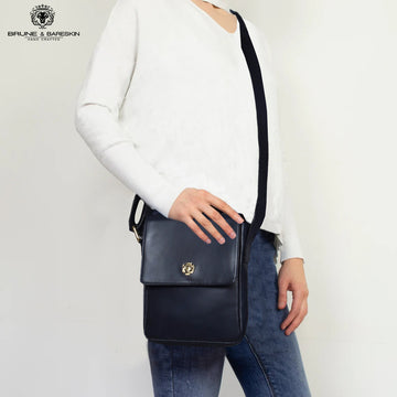 Flap-Over Sling Bag in Navy Blue Leather