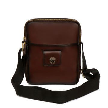 Dark Brown Genuine Leather Crossbody Bag with Golden metal Lion logo by Brune & Bareskin