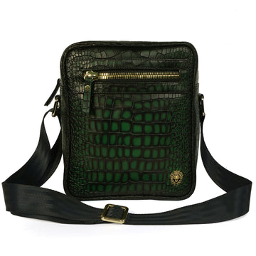 Customized Extra Space Cross-Body Bag in Smokey Green Croco Textured Leather
