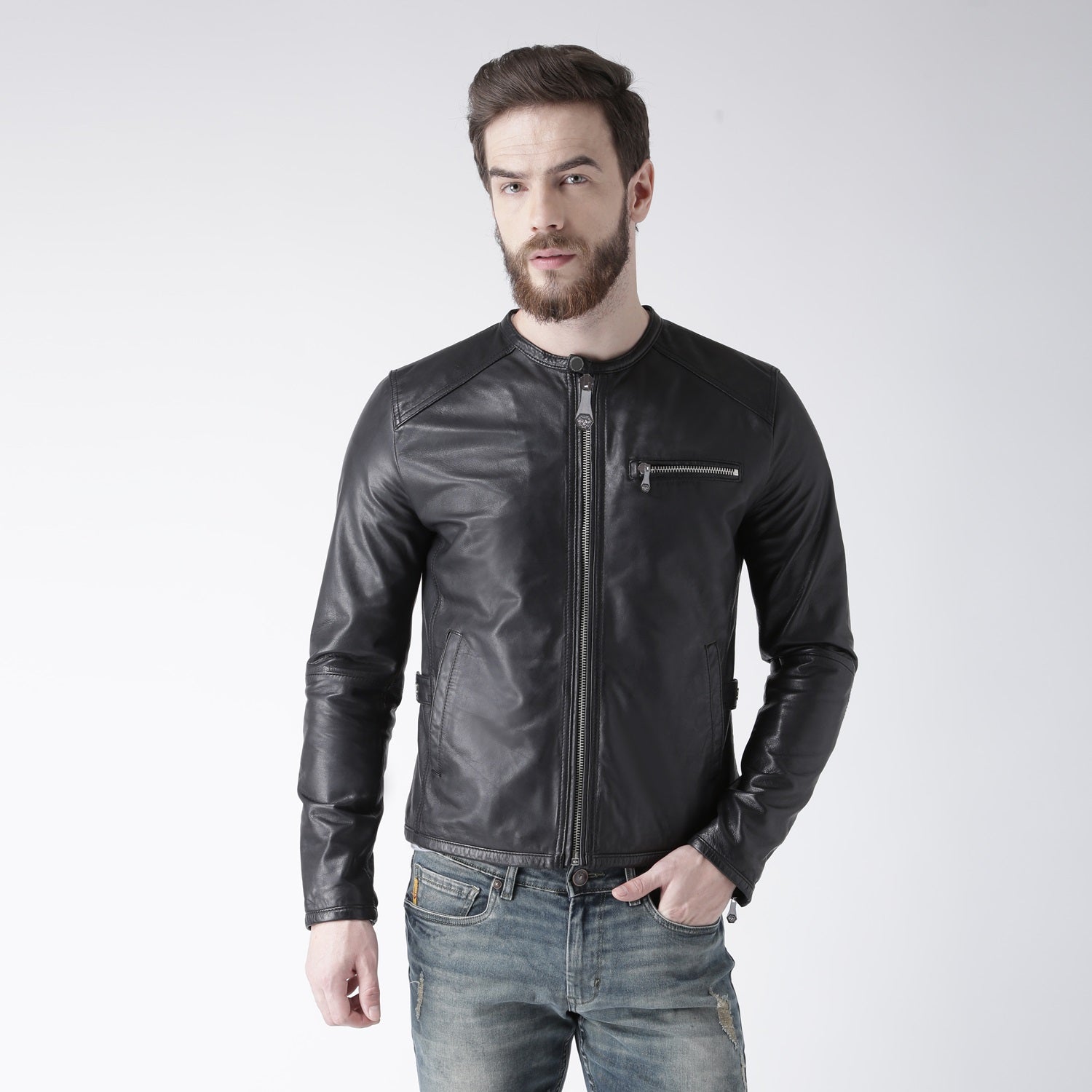 Black Leather Classic Slim Fit Band Collar Men Jacket by Brune & Bareskin