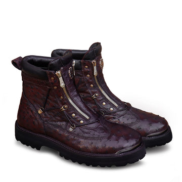 Real Ostrich Chunky Boot In Tobacco Dark Brown With Metal Plate On Toe